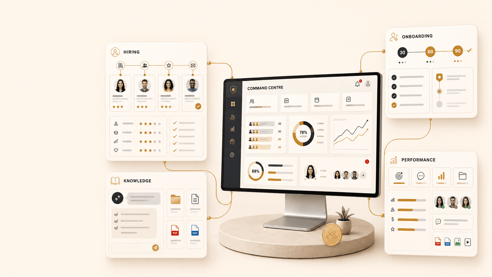 A People Command Centre dashboard surrounded by connected Hiring, Onboarding, Knowledge and Performance panels