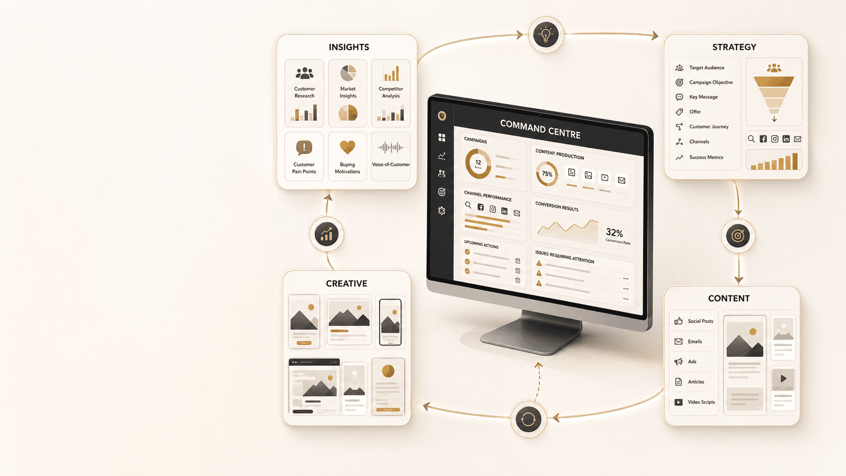 Illustration of a connected AI marketing operating system combining customer insights, campaign strategy, content and performance management.