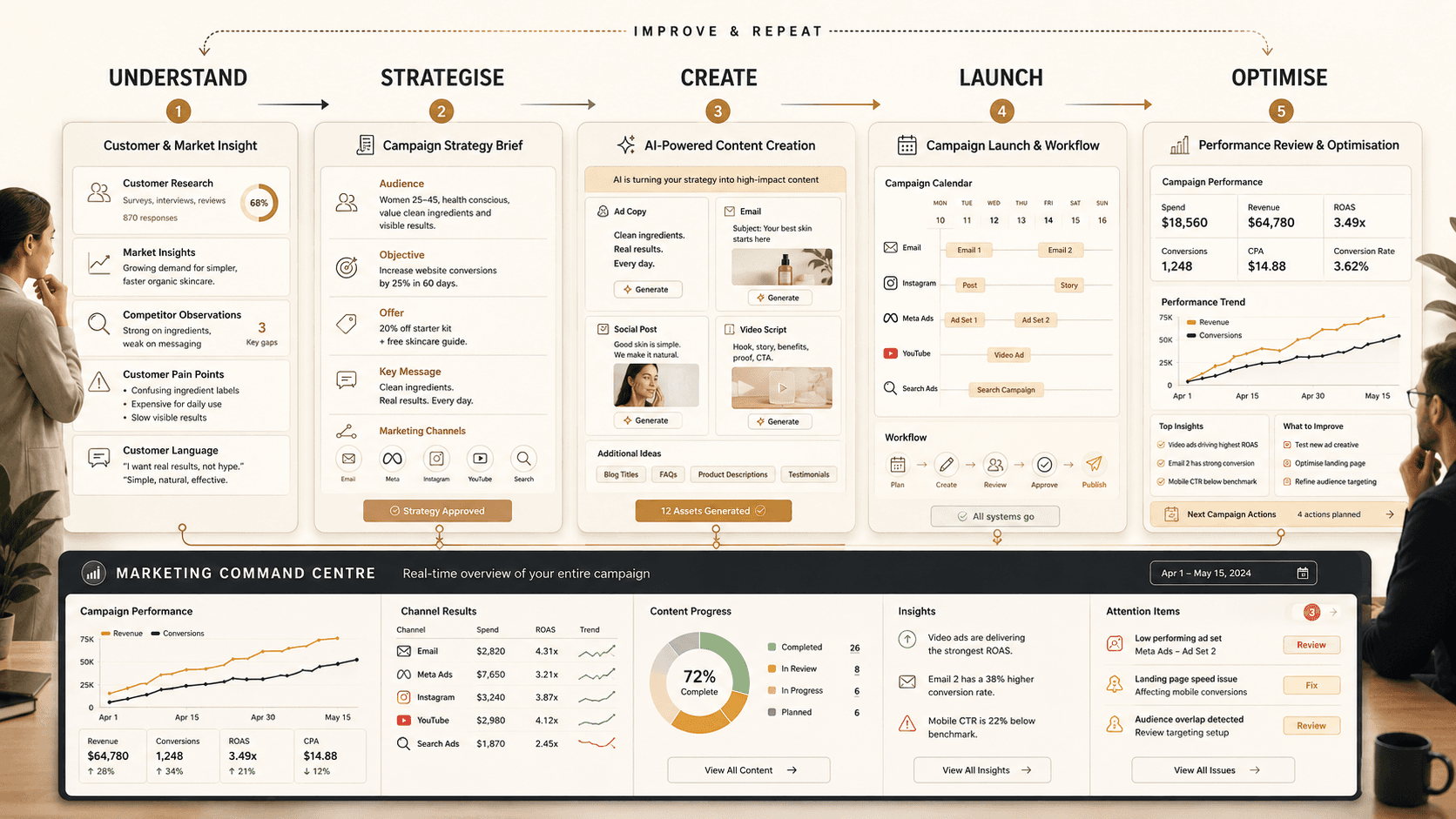 Marketing journey from customer insight to strategy, content creation, campaign launch and optimisation.