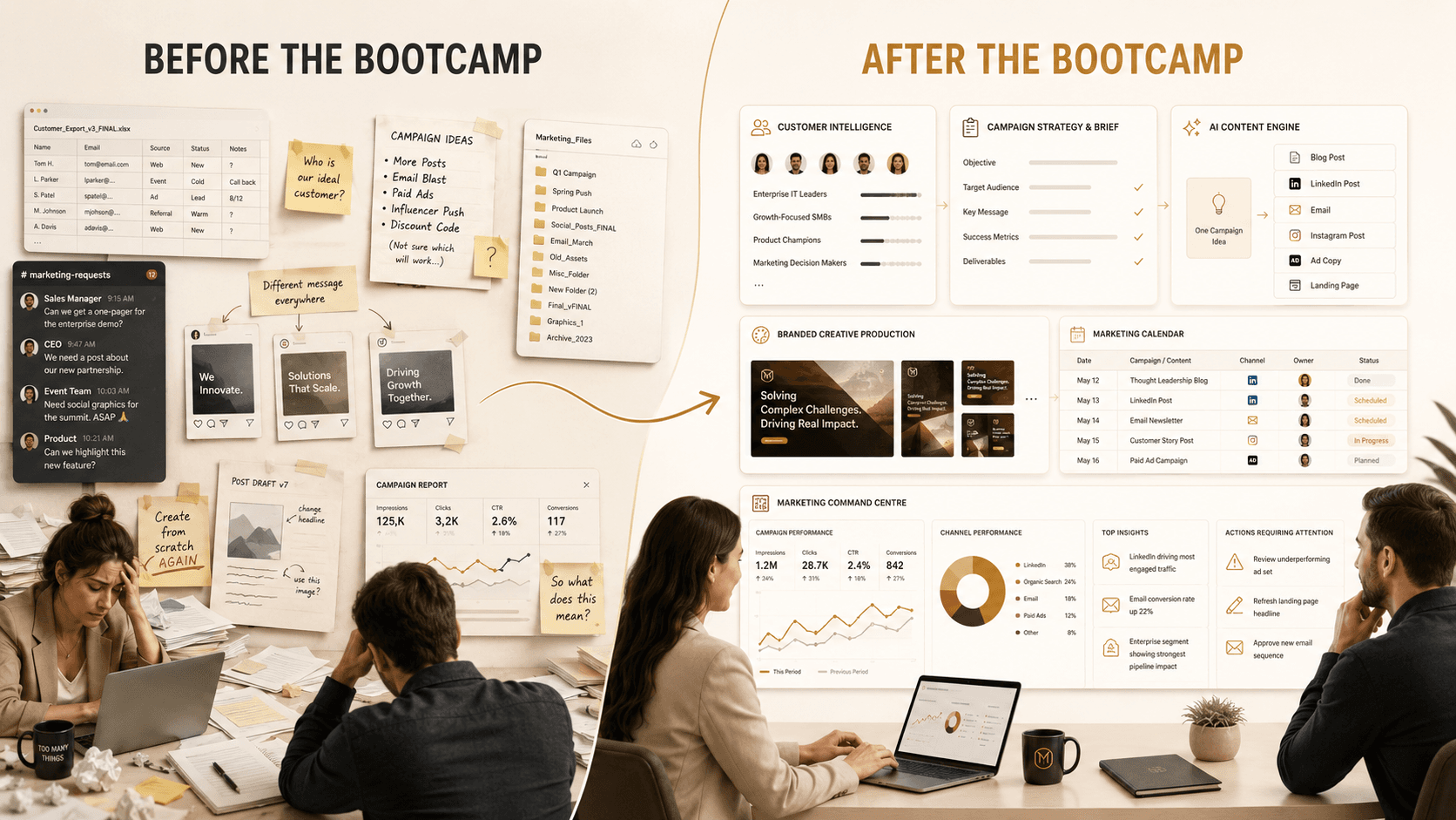 Before and after transformation from fragmented marketing activities to a structured AI-supported marketing system.