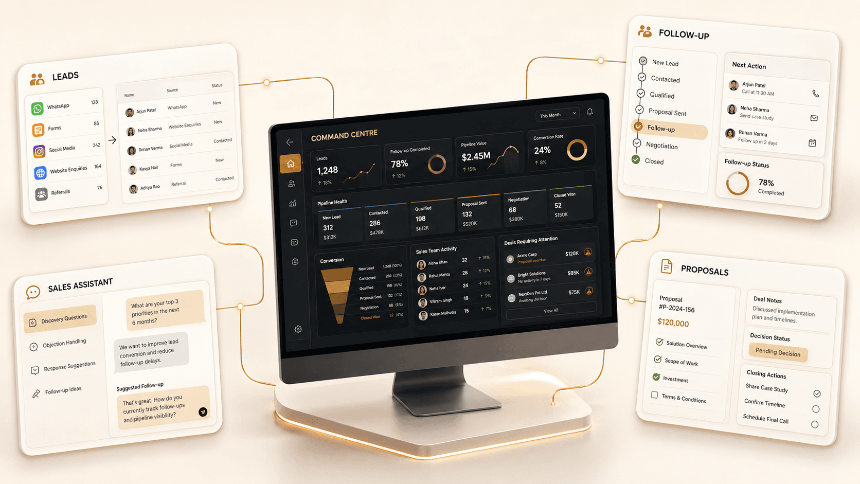 Illustration of an AI sales operating system with connected lead, follow-up and revenue modules